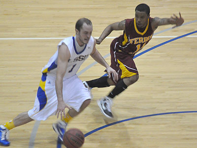 FSU senior guard Darien Gay chases LSSU's Micah Hudson up the floor in Thursday's game (Photo by Rob Bentley)