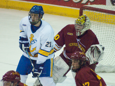 Pat Nagle's 24 saves helps Ferris State hold on for a 2-1 win at Lake Superior State.  (Photo by Joe Gorby)