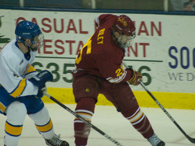 Blair Riley had an assist in the Bulldogs' 4-3 loss at Lake Superior State.  (Photo by Joe Gorby)