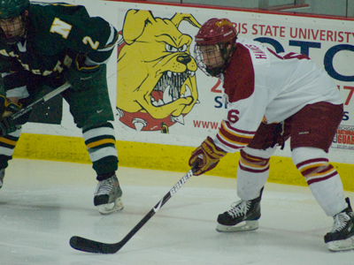 Casey Haines and the Ferris State Bulldogs drop 4-0 home decision to Northern Michigan.  (Photo by Joe Gorby)
