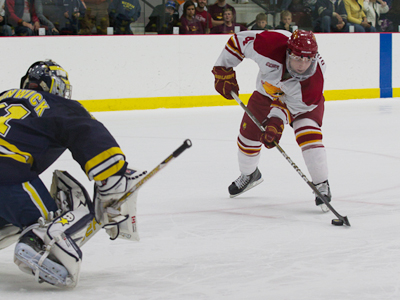 Chad Billins scored one of Ferris State's two shootout goals in the 2-2 overtime tie versus Michigan this Friday evening.  (Photo by Scott Whitney)
