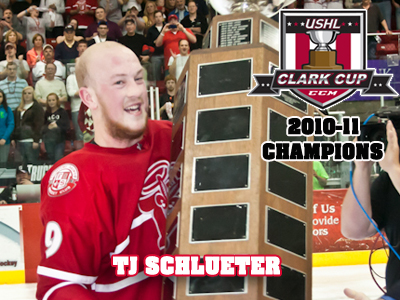 TJ Schlueter Hoists United States Hockey League's Clark Cup Champion Trophy