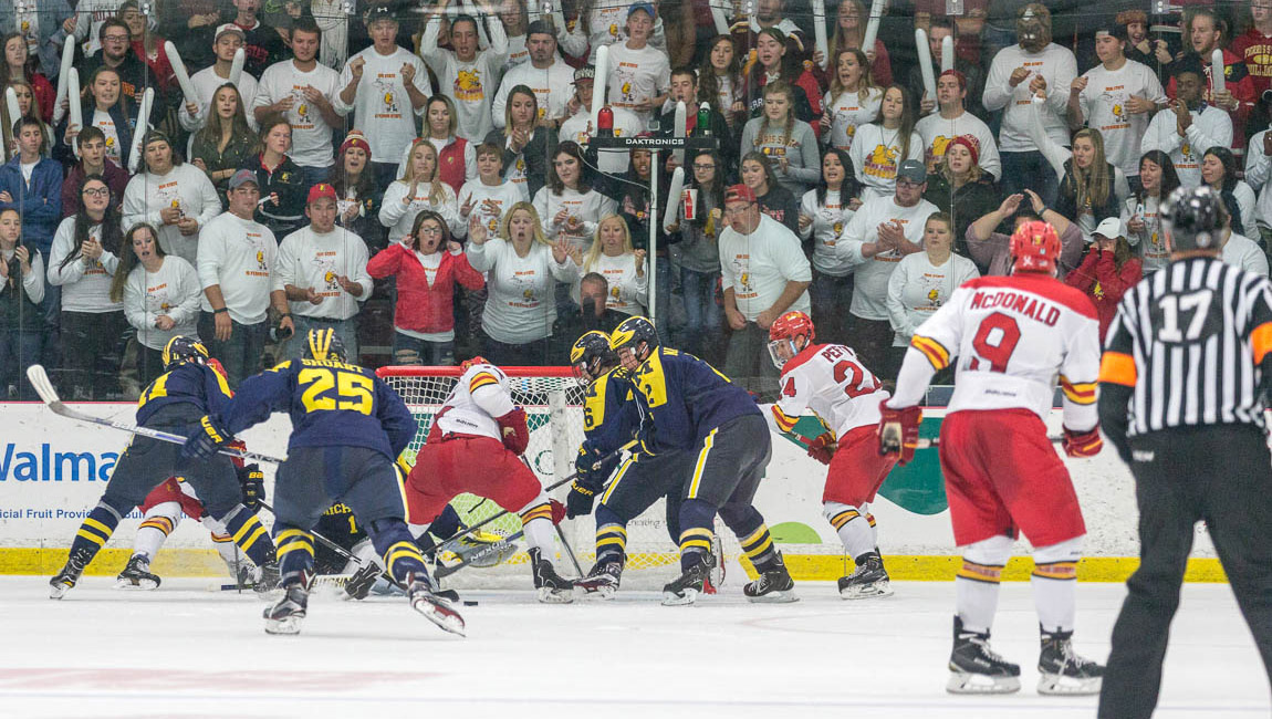 Ferris State Hockey Peppers Michigan In Close 2-1 Home Setback Before Sellout Crowd