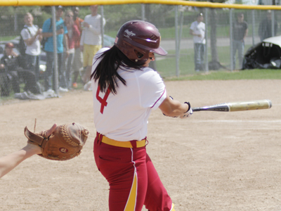 Senior Rhea Flores had one of Ferris State's five hits in a 2-1 loss to Northwood Wednesday afternoon.  (Photo by Zeke Jennings/Pioneer)