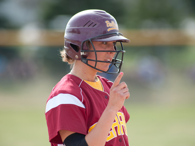 Junior catcher Rachel Mueller collected two hits and drove in a run in FSU's 2-0 victory.  (Photo by Ed Hyde)