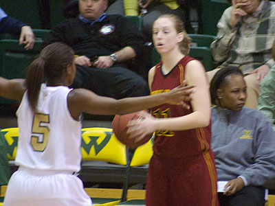 FSU's Becci Houdek tries to inbound the ball at Wayne State on Thursday (Photo by Rob Bentley)