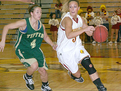FSU's Lindsey Pettit drives past a Tiffin defender on Saturday (Photo by Sandy Gholston)