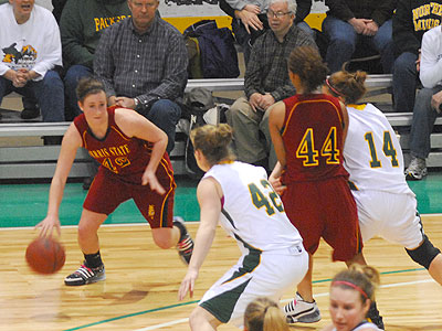 Ferris' Tricia Principe dribbles the ball on Saturday at NMU (Photo by Rob Bentley)