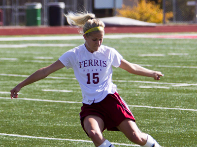 Kasey Ruimveld netted Ferris State's lone goal in the 1-1 double-overtime tie at Lewis.  (Photo by Ben Amato)
