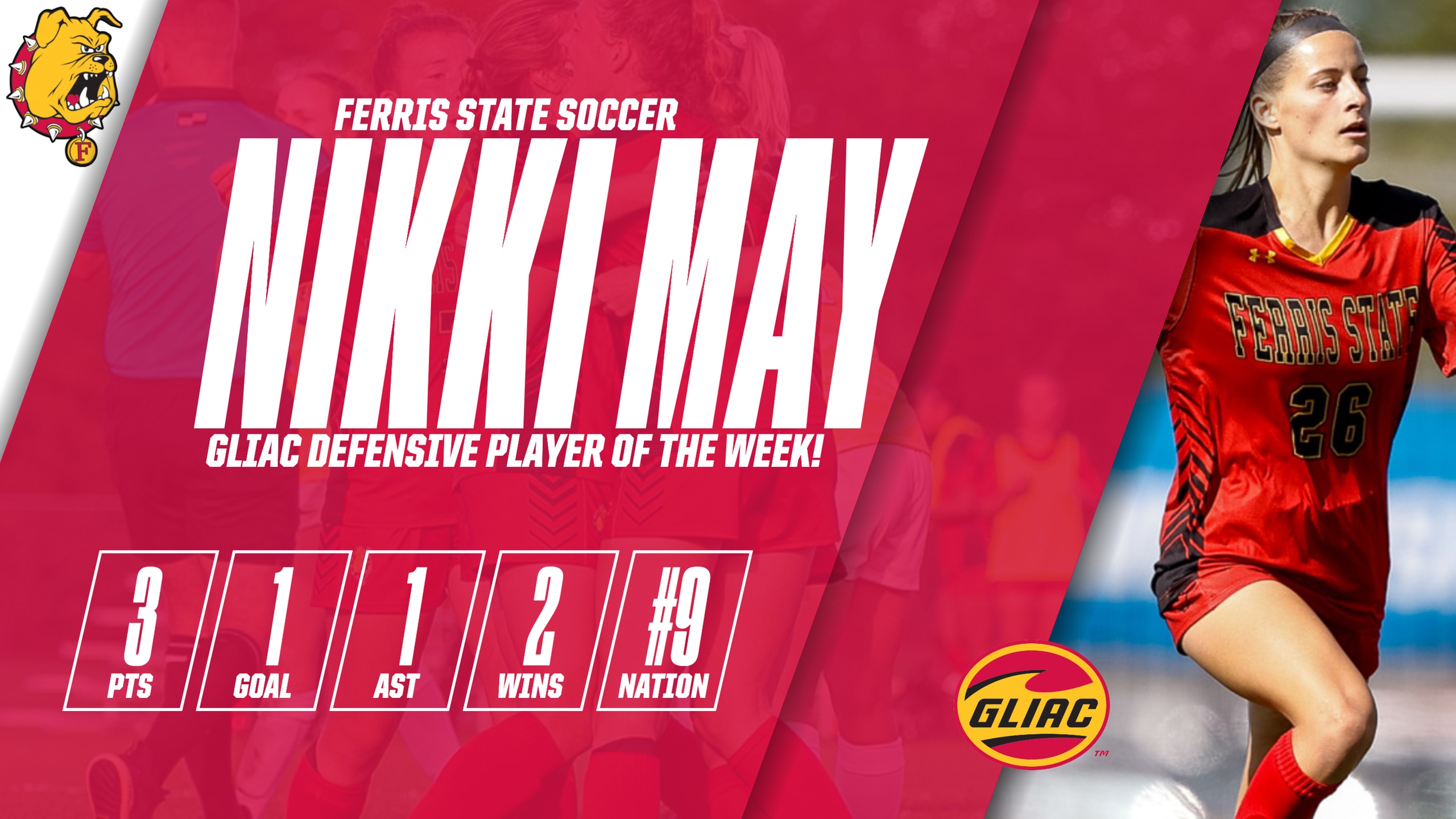 Ferris State's Nikki May Receives Recognition As GLIAC Soccer Defensive Player Of The Week