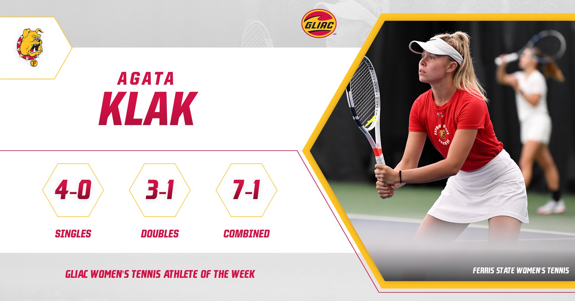 Ferris State's Agata Klak Named GLIAC Women's Tennis Athlete Of The Week