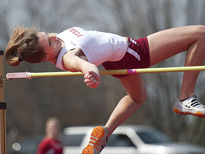 Senior Emily Cross takes part in the high jump on Saturday (Photo by Ed Hyde)
